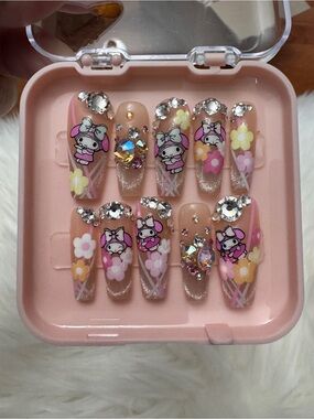 Pink My Melody Floral Crystal Press-On Nails with Rhinestones